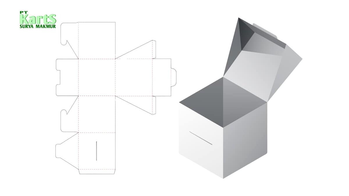 Gambar desain kotak kemasan karton dengan pola lipatan dan bentuk 3D.