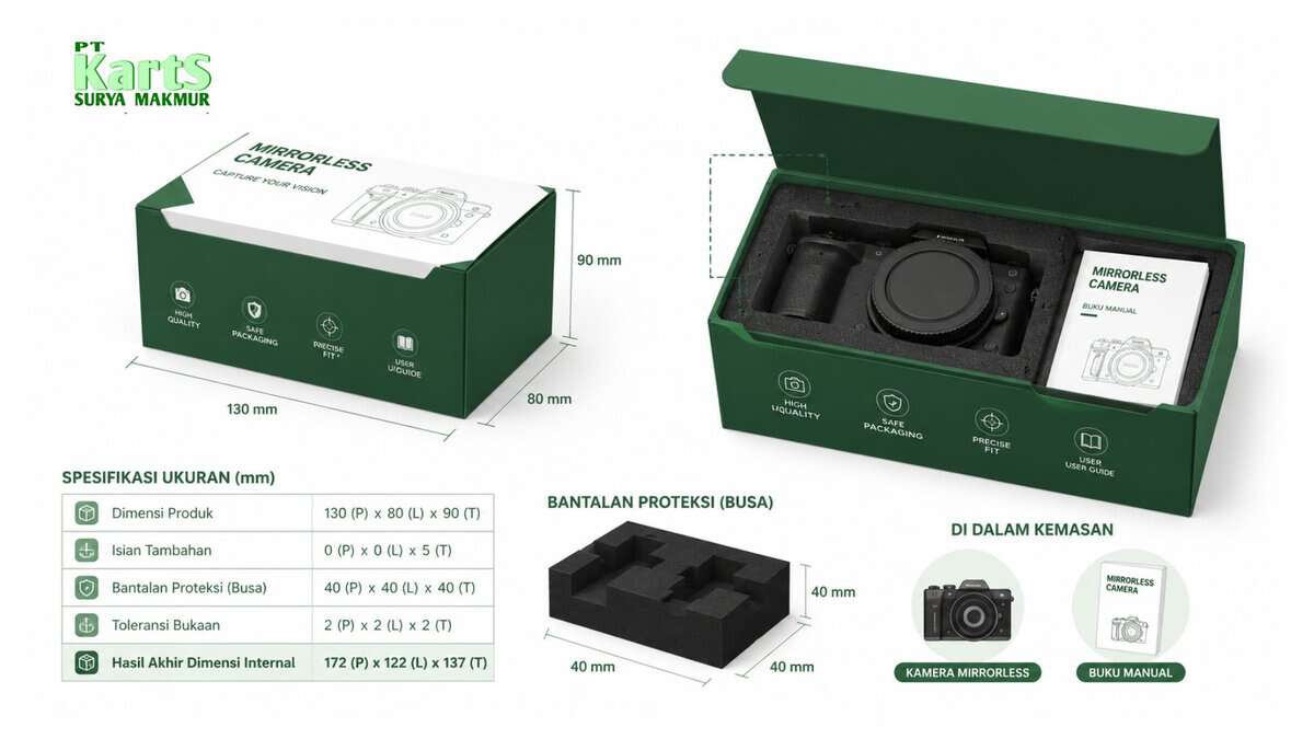 Kamera mirrorless dari Karts Surya Makmur dalam kotak kemasan.